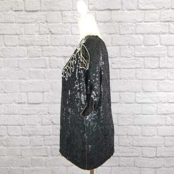 Joseph Le Bon vintage sequined beaded sparkle short sleeve top women's size M - Picture 4 of 8